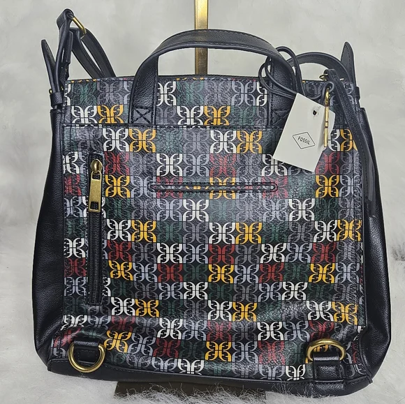 Fossil Geometric Blue and Brown Backpack with Leather Accents - Picture 3 of 10